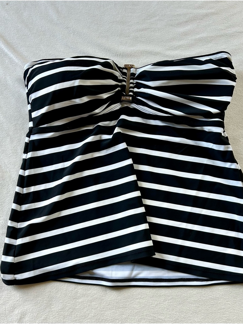 Chaps Black and White Striped Bandeau Swim Top with Gold Accents Sz 16